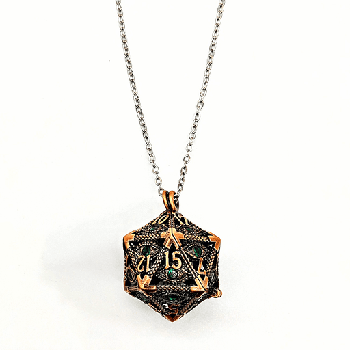 Arcadrel | Ancient Copper w/Green Eye | D20 Pendant with Mini Dice