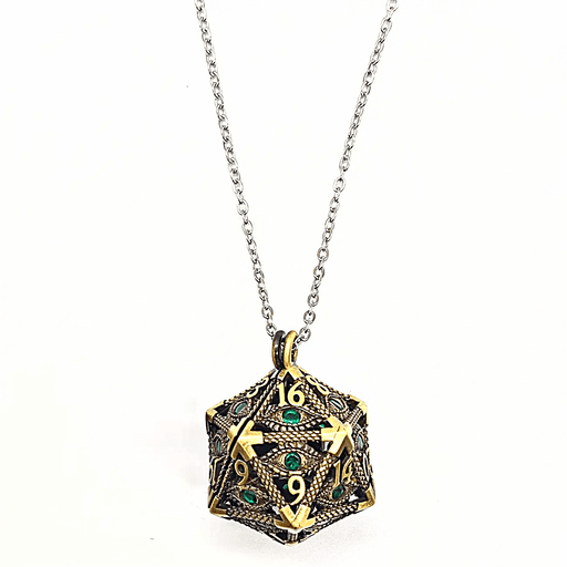 Arcadrel | Ancient Gold w/Green Eye | D20 Pendant with Mini Dice