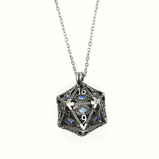 Arcadrel | Ancient Silver w/Blue Eye | D20 Pendant with Mini Dice