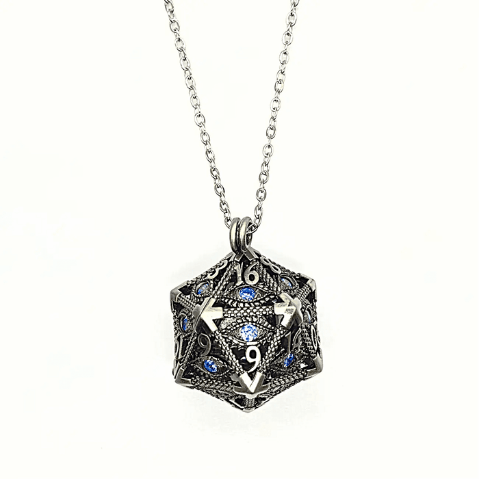 Arcadrel | Ancient Silver w/Blue Eye | D20 Pendant with Mini Dice