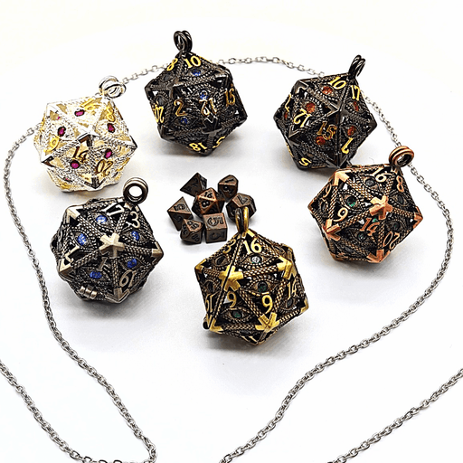 Arcadrel | Black w/Purple Eye | D20 Pendant with Mini Dice