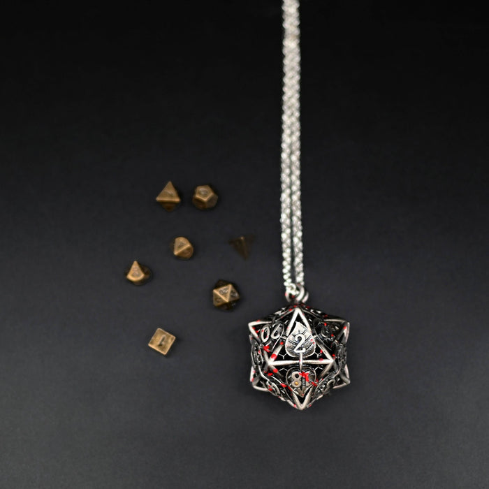 Leaflock | Blood Spatter D20 Pendant Necklace with Mini Metal Dice
