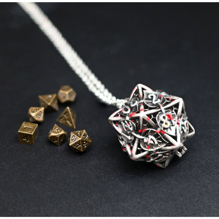 Leaflock | Blood Spatter D20 Pendant Necklace with Mini Metal Dice
