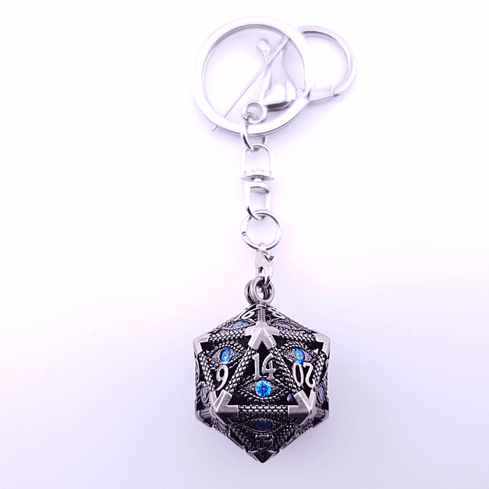 Vaultstone | D20 Keyring w/Mini Dice | Ancient Silver/Blue Eye
