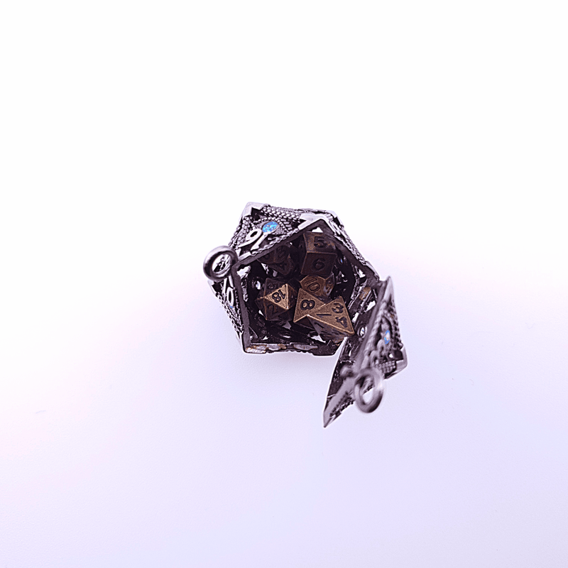Vaultstone | D20 Keyring w/Mini Dice | Ancient Silver/Blue Eye